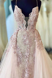 Spaghetti Straps Beads Appliques Deep V Neck Pink Prom Dresses with Detachable Train SJS15408