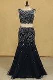 Two Pieces Scoop Mermaid Beaded Bodice Prom Dresses Floor Length Tulle