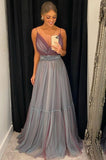 Long Formal Evening Dresses Spaghetti Straps A Line Tulle Prom Dresses