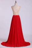 V Neck Prom Dresses A Line Beaded Bodice Sweep Train Chiffon And Tulle