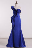 One Shoulder Evening Dresses Mermaid Satin Sweep Train