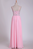 A Line Spaghetti Straps Prom Dresses Beaded Bodice Floor Length