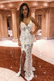 Elegant V Neck Off White Lace Appliques Mermaid Spaghetti Straps Long Prom Dresses SJS15214