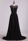 A Line Prom Dresses Scoop Chiffon With Applique And Slit Sweep Train