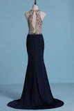 Two Pieces Prom Dresses Sheath With Beading And Slit Sweep Train