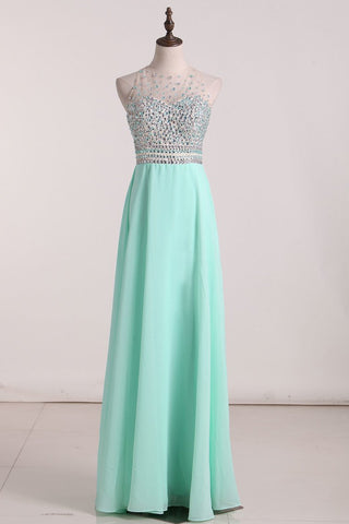 Prom Dresses Open Back A Line Chiffon & Tulle With Beads And Rhinestones