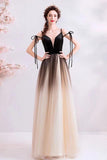 Spaghetti Straps Black Deep V Neck Formal Dress, Floor Length Tulle Ombre Prom Dresses SJS15409