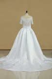 New Arrival Wedding Dresses V Neck Short Sleeves Satin A Line