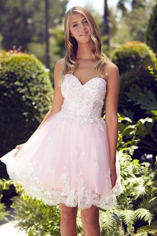 G2048 Feminine Lace Accented Sweetheart Appliques Strapless Tea Length Homecoming Dress