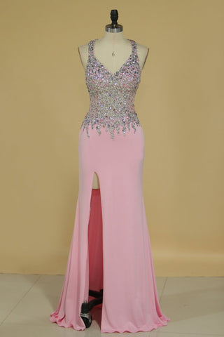 Spandex V Neck Beaded Bodice Prom Dresses Sheath Sweep Train