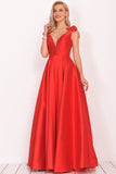 V-Neck Bubble Shoulder A-Line Satin Evening Dress Floor-Length