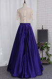 A Line Prom Dresses Scoop Beaded Bodice Short Sleeves Satin