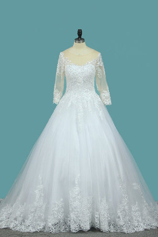 A Line 3/4 Length Sleeves Tulle Scoop Wedding Dresses With Applique