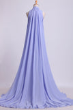 High Neck Pleated Bodice Prom Dresses A-Line Chiffon Sweep Train