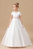 Ivory Floor-length Lace Satin Flower Girl Dresses With Pink Bowknot