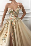 A Line One Shoulder V Neck 3D Flowers Prom Dresses, Tulle Sleeveless Evening Dresses SJS15009