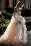 Princess Long Puff Sleeves Off The Shoulder Tulle Wedding Dresses, Beach Wedding Gowns