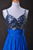 Cheap Prom Dresses Blue A Line Spaghetti Straps Floor Length Chiffon Cz