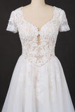 A-line Short Sleeves Beads V Neck Lace Applique Wedding Dresses, Bridal Dress SJS15051