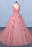 Ball Gown V Neck Tulle Prom Dress with Beads, Puffy Pink Sleeveless Quinceanera Dresses SJS15074