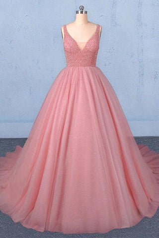 Ball Gown V Neck Tulle Prom Dress with Beads, Puffy Pink Sleeveless Quinceanera Dresses SJS15074