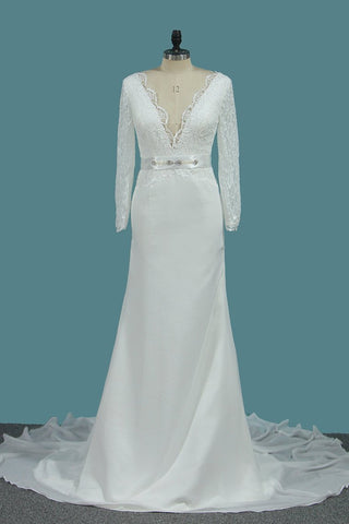 Chiffon Long Sleeves V Neck Wedding Dresses Mermaid With Sash