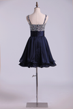 Straps A Line Mini Prom Dress Beaded Bodice With Pleated Waistband Chiffon