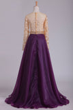 Long Sleeves Prom Dresses Scoop A Line With Applique And Beads Floor Length