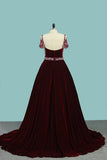 Spaghetti Straps A Line Velvet Prom Dresses With Beading Sweep Train