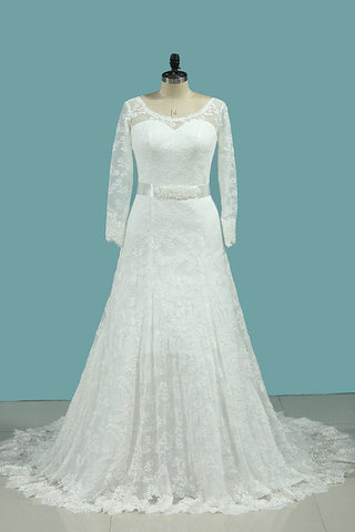 Scoop Long Sleeves Lace Wedding Dresses With Applique And Sash Court Train