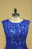 Plus Size A Line Prom Dresses Scoop Dark Royal Blue Satin Cap Sleeves Floor-Length