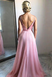 Spaghetti Straps Long V-Neck Simple Flowy Pink Prom Dresses Prom Gowns