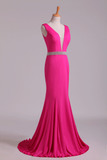 Prom Dresses Open Back Column V Neck Beaded Waistline Sweep Train