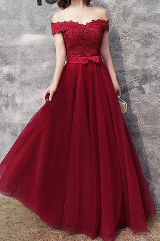 Prom Dresses A Line Off The Shoulder Tulle With Applique And Sash