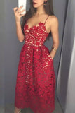 Spaghetti Straps Lace Prom Dresses A Line Tea Length