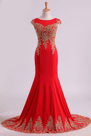 Red Prom Dresses Scoop Mermaid With Applique Spandex Sweep Train