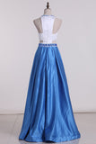 Bicolor Scoop A Line Prom Dresses Satin With Beading Sweep Train