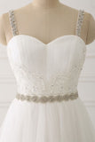 A Line White Spaghetti Straps Tulle Beads Appliques Sweetheart Zipper Prom Dresses JS597