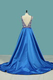 V Neck Prom Dresses A Line Open Back Satin With Beading