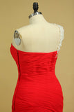 Red One Shoulder Pleated Bodice Sheath Evening Dress Chiffon With Applique