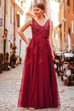 Elegant V Neck Burgundy Beads Appliques Lace Evening Dresses, Long Prom Dresses SJS15211