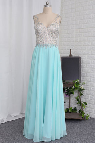 Open Back V Neck Beaded Bodice Prom Dresses A Line Chiffon Floor Length