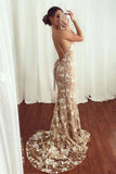 Sexy Mermaid V neck Lace Appliques Long Prom Dresses Spaghetti Straps Formal Dresses SJS15342