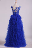 Dark Royal Blue Bateau A Line Evening Dresses With Applique Tulle