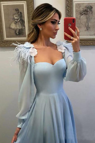 Sky Blue Long Chiffon Prom Dresses With Sleeves Modest Formal Dress