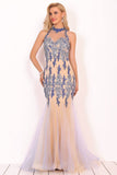 New Arrival Scoop High Neck Tulle With Applique And Beads Mermaid Prom Dresses