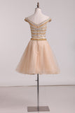 Two-Piece A Line Homecoming Dresses Off The Shoulder Beaded Bodice Tulle