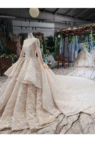 Ball Gown Wedding Dresses Scoop Long Sleeves Top Quality Appliques Tulle Beading