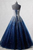 Best Ball Gown Strapless Floor Length Tulle Navy Blue Prom/Evening Dresses with Beading JS858