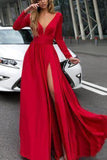 Burgundy Prom Dresses With Slit V Neck Cheap Long Sleeve Prom Dress Evening Dress